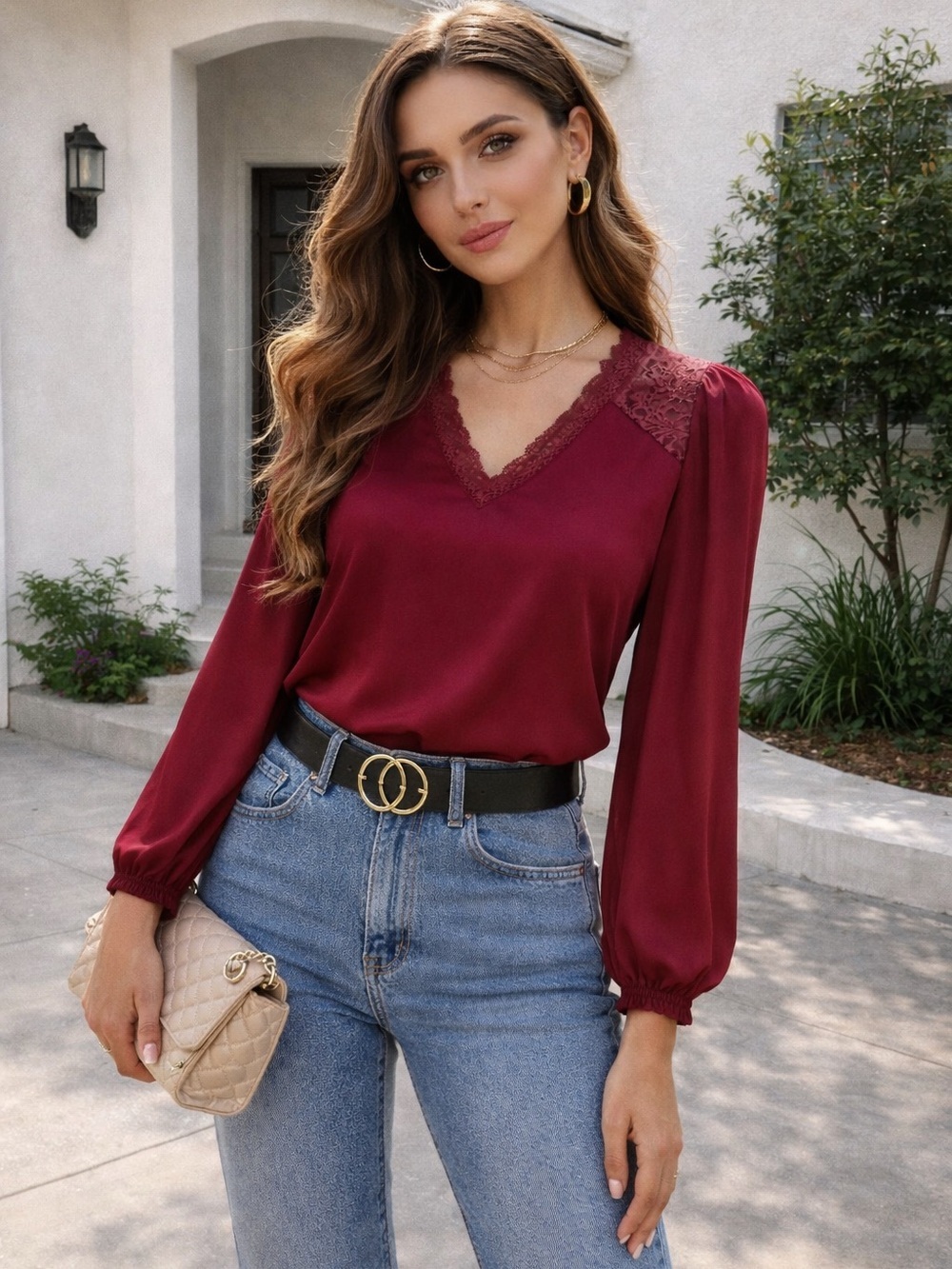 Love and promise Womens V-Neck Lace-Trim Blouse in Deep Wine NWT